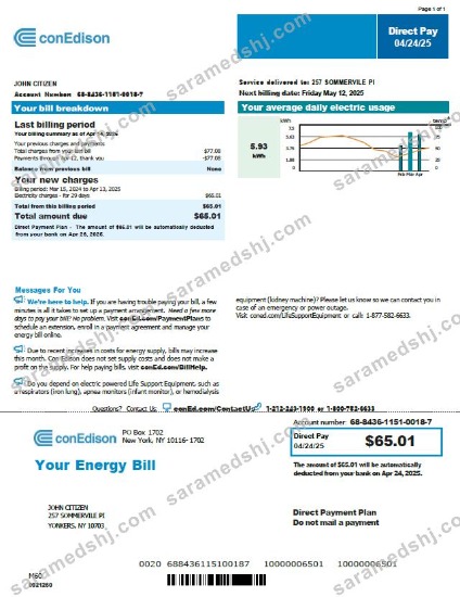 USA Conedison utility bill template in Word and PDF formats, version 2